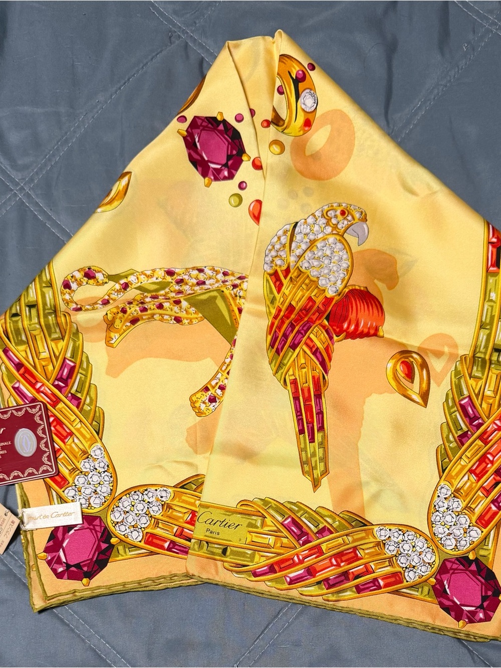 Cartier Yellow and Pink Jeweled Motif Silk Scarf